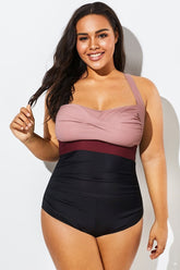 Pink Contrast Twist Front Skinny One Piece Swimsuit