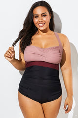 Pink Contrast Twist Front Skinny One Piece Swimsuit
