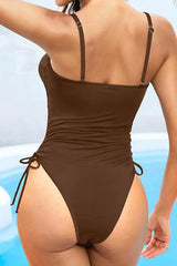 Women's Brown Square Neck Ruched One Piece Swimsuit