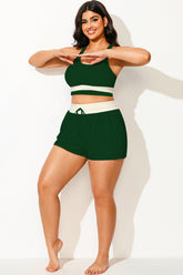 Plus Size Green & White Mid Waist Women Shorts
