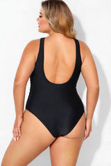 Solid Black V-Neck Front Knot Cutout One Piece Swimsuit