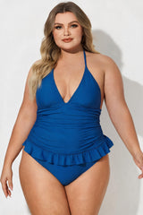 Navy Blue Halter V-Neck Ruched Ruffle One Piece Swimsuit