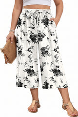 Women's Plus Size Capri Pant Dressy Casual Wide Leg Palazzo Pants Flowy Gaucho Pants Drawstring Trousers with Pockets