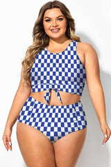 Blue & White Check Knotted Crop Bikini Top