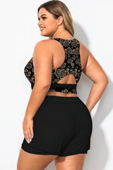 Plus Size Round Neck Golden Floral Patchwork Bikini Top