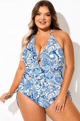 Blue Porcelain Print Halter One Piece Swimsuit