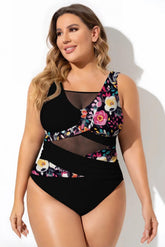 Cross Sexy Print Hollow Mesh One Piece Swimsuit