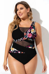 Cross Sexy Print Hollow Mesh One Piece Swimsuit