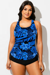 Plus Size Blue Floral Leaves Racerback Tankini Top
