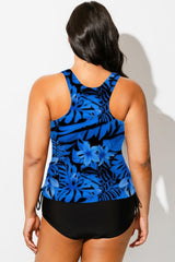 Plus Size Blue Floral Leaves Racerback Tankini Top