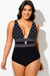 V-Neck Black Squares Cut Out One Piece Swimsuit