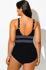 V-Neck Black Squares Cut Out One Piece Swimsuit