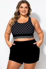 Black And Grey Check Crew Neck Patchwork Bikini Top