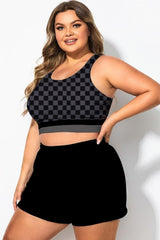 Black And Grey Check Crew Neck Patchwork Bikini Top