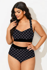 Check Crossover Square Neck Colorblock Bikini Top