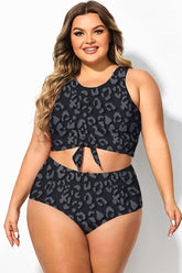 Grey Leopard Print Twist Cropped Bikini Top