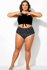 Grey Leopard High Waist Pleated Swim Bottom