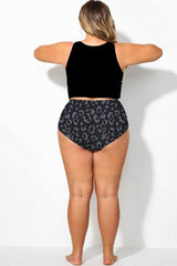 Grey Leopard High Waist Pleated Swim Bottom