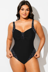 Grey Leopard Panel V Neck One Piece Swimsuit