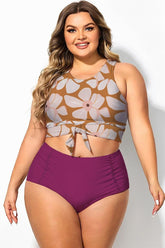 Plus Size White Floral Twist Cropped Bikini Top