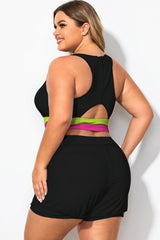 Plus Size Pink And Green Contrast Patchwork Bikini Top