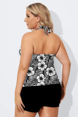 Black And White Printed Lace Up Suspender Pleated Tankini Top