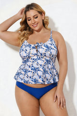 Blue Paisley Scoop Neck Tie Front Tankini Set