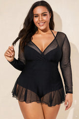 Black V-Neck Mesh Long Sleeve Tummy Control One Piece Swimsuit