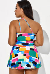 Color Block One Piece Swim Dress One Shoulder Swimsuit With Skirt