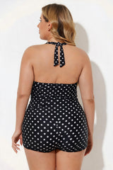 Black White Polka Dot Halter Tummy Control One Piece Swimsuit