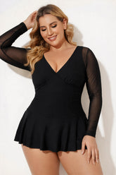 Black V-Neck Mesh Long Sleeve Tummy Control Swimdress