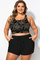 Plus Size Round Neck Golden Floral Patchwork Bikini Top
