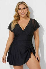 V-Neck Ruffled Sleeve Mesh Patchwork Black Swimdress