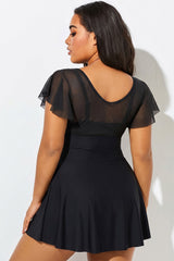 V-Neck Ruffled Sleeve Mesh Patchwork Black Swimdress