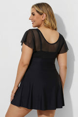 V-Neck Ruffled Sleeve Mesh Patchwork Black Swimdress