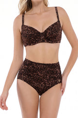 Leopard Print High Waisted Bikini Three Piece Set, Push Up Ruched Swim Top & Tummy Control Swim Bottom & Mesh Sarong Cover Up Skirt Women Shapewear Bathing Suit