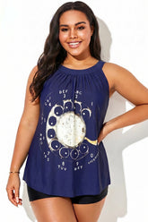 Navy Blue Loose Fit Tankini Top With Vintage Rotary Phone Dial Pattern