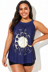 Navy Blue Loose Fit Tankini Top With Vintage Rotary Phone Dial Pattern