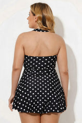 Black White Polka Dot Halter V-Neck Tummy Control Swim Dress