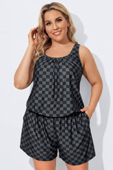 Plus Size Black Check Slanted Pockets One Piece Swimsuit