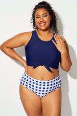 Plus Size Soild Navy Knotted Crop Bikini Top