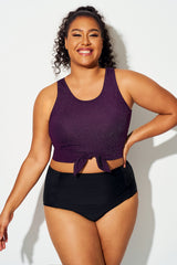 Plus Size Glitter Purple Knotted Crop Bikini Top
