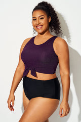 Plus Size Glitter Purple Knotted Crop Bikini Top