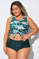 Green & White Floral Knotted Crop Bikini Top