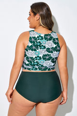 Green & White Floral Knotted Crop Bikini Top