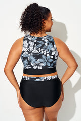 Black White Floral Knotted Crop Bikini Top