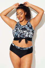 Black White Floral Knotted Crop Bikini Top