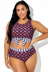 Plus Size Multicolor Check Knotted Crop Bikini Top