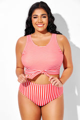 Red & White Stripes Knotted Crop Bikini Top
