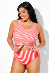 Red & White Stripes Knotted Crop Bikini Top